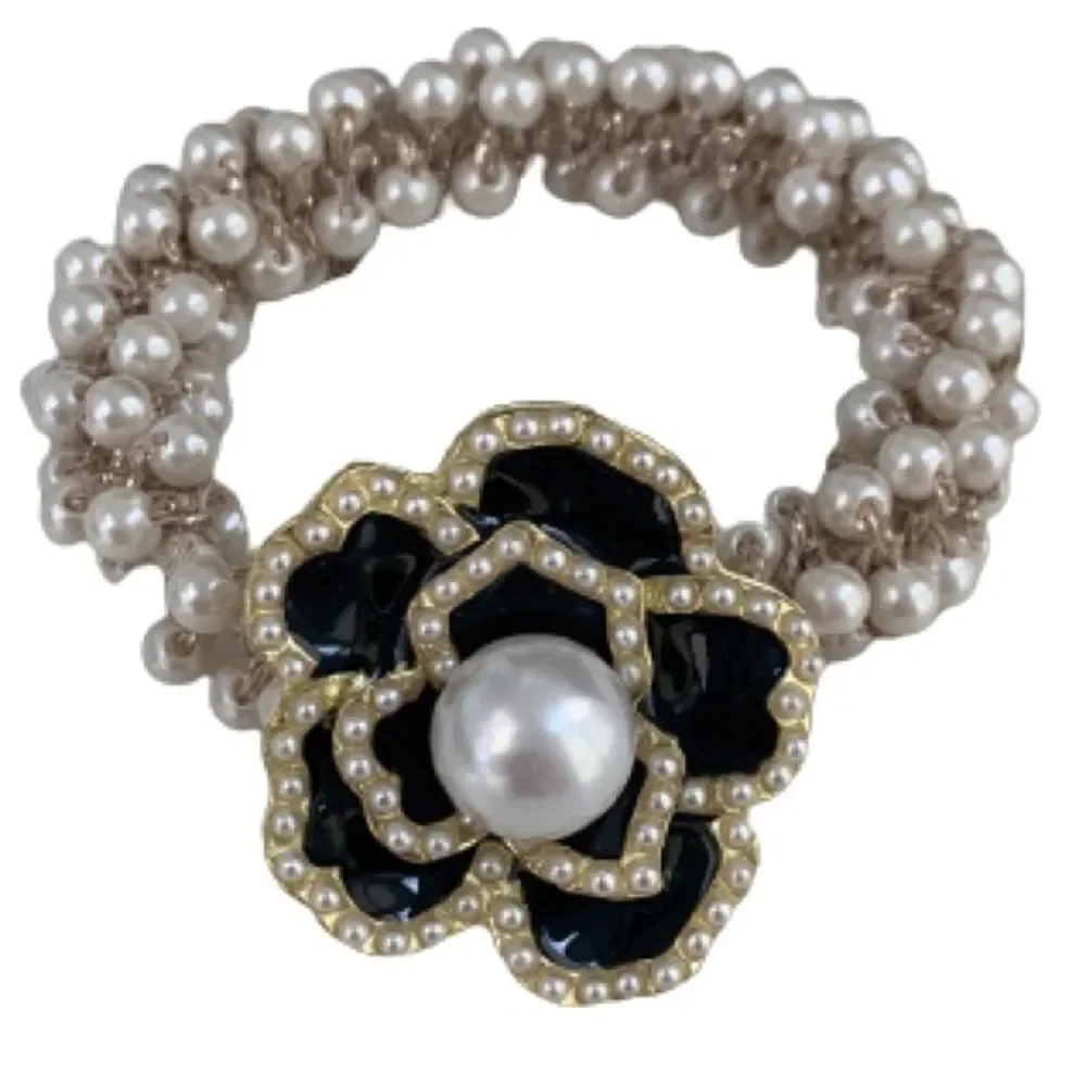 Camellia Flower Hair Tie with Faux Pearls – Black Enamel & Golden Charm